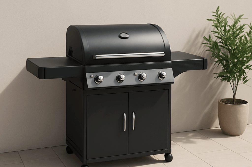 Barbacoa de gas para exterior con tapa y ruedas.