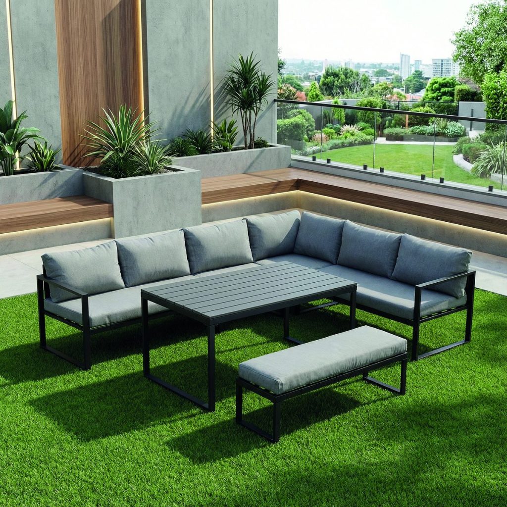 Conjunto rinconero de acero con mesa alta Bolonia para jardín.