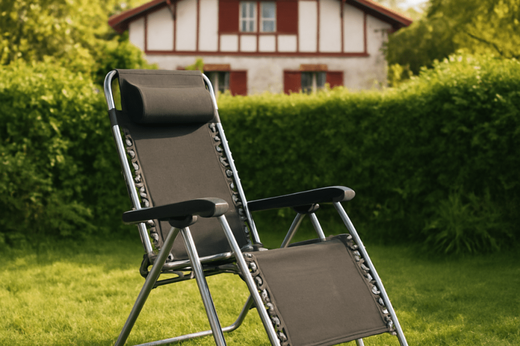 Tumbona relax reclinable en jardín con caserío vasco al fondo