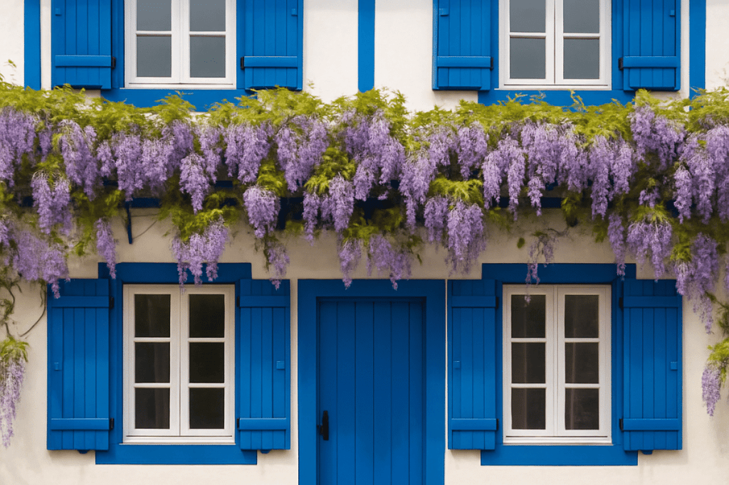 Fachada con glicinia en flor y contraventanas azules en el País Vasco primavera.